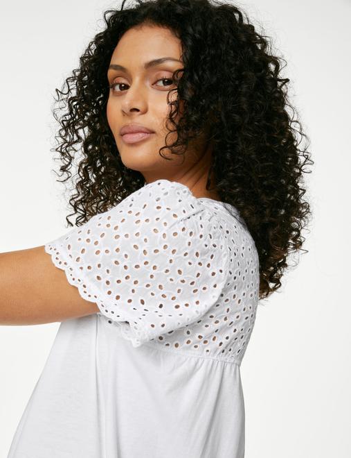 Pure Cotton Broderie Trim Long Nightdress