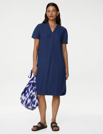 Linen Rich V-Neck Short Sleeve Shift Dress