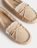 Suede Bow Faux Fur Lined Moccasin Slippers