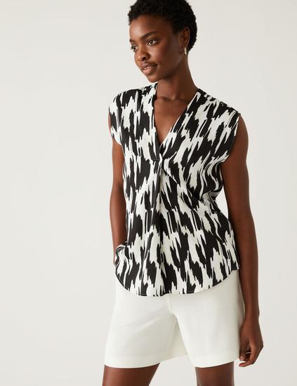 Satin Printed V-Neck Popover Blouse