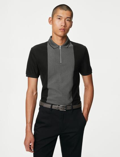 Pure Cotton Half Zip Colour Block Polo Shirt