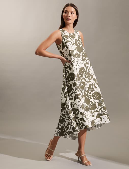 Pure Linen Floral Crew Neck Midi Shift Dress