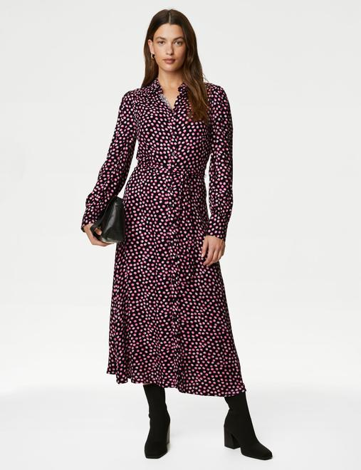 Printed Belted Midi Shirt Dress
