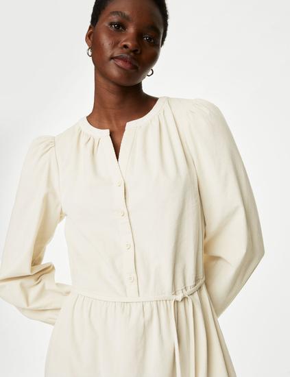 Pure Cotton Cord Belted Midi Tiered Dress