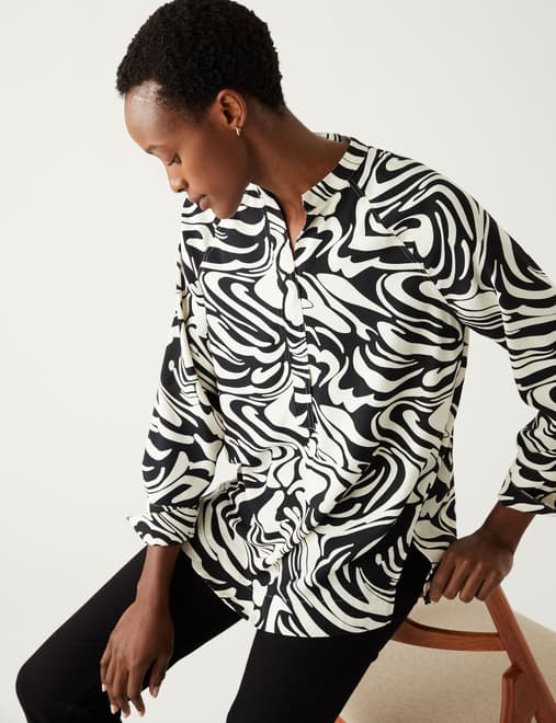 Printed V-Neck Oversized Popover Blouse