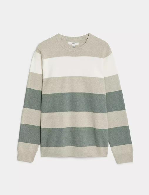 Cotton Blend Block Stripe Crew Neck Jumper