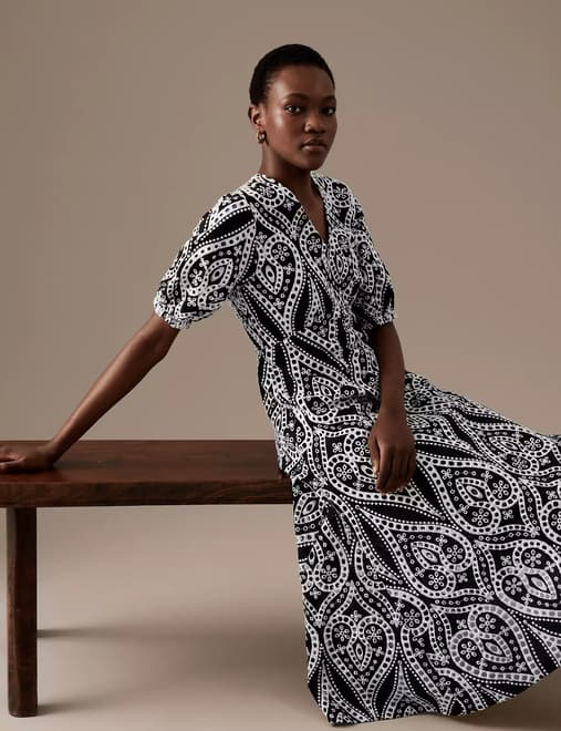 Pure Cotton Broderie Midaxi Waisted Dress