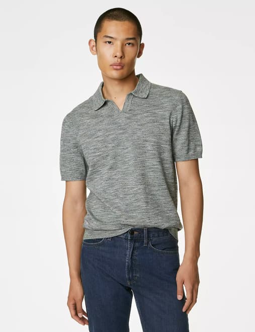 Cotton Rich Open Neck Knitted Polo Shirt