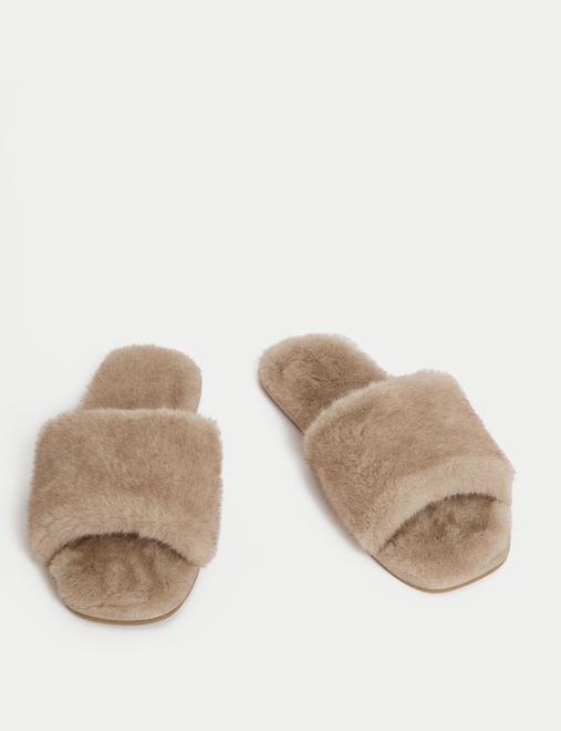 Faux Fur Open Toe Slippers