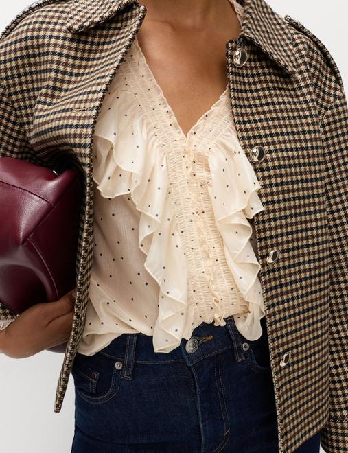 Polka Dot V-Neck Frill Detail Top