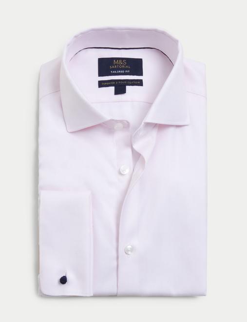Tailored Fit Pure Cotton Double Cuff Herringbone Shirt