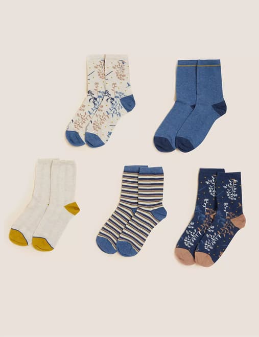 5pk Cotton Blend Floral Ankle High Socks