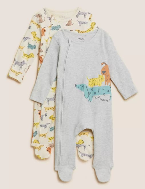 2pk Pure Cotton Dog Sleepsuits (0-3 Yrs)
