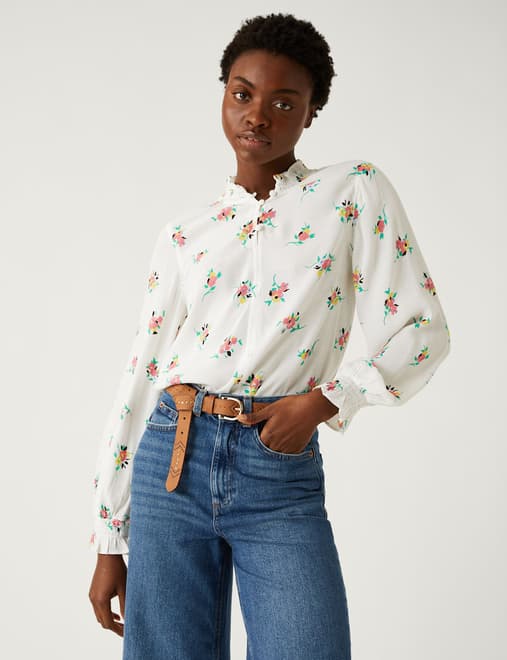 Floral High Neck Relaxed Longline Blouse