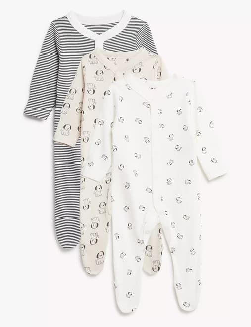 3pk Pure Cotton Dog & Striped Sleepsuits (0-3 Yrs)