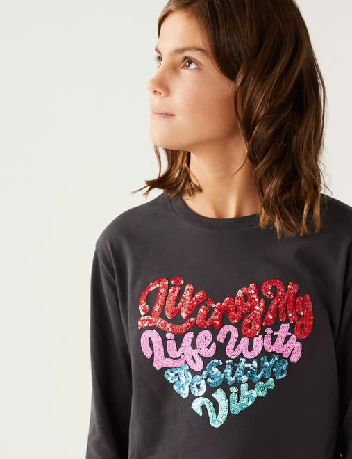 Pure Cotton Sequin Slogan Top (6-16 Yrs)