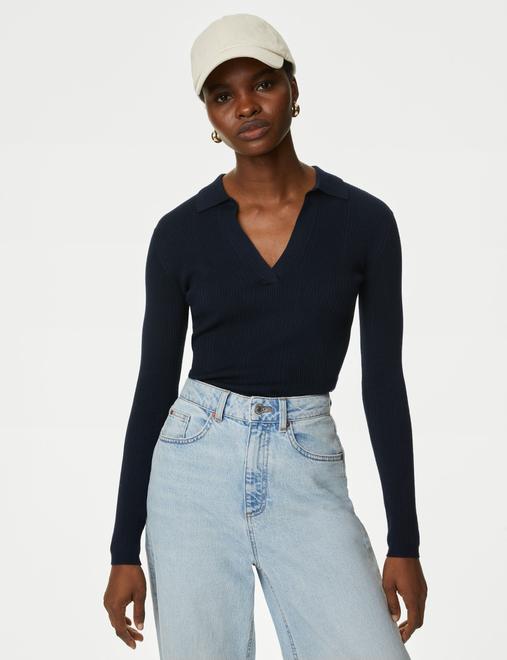 Ribbed Collared Fitted Knitted Top