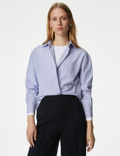 Cotton Blend Striped Collared Shirt