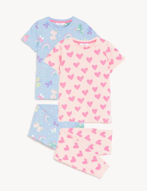 2 Pack Pure Cotton Butterfly & Hearts Pyjama Sets (1-8 Yrs)