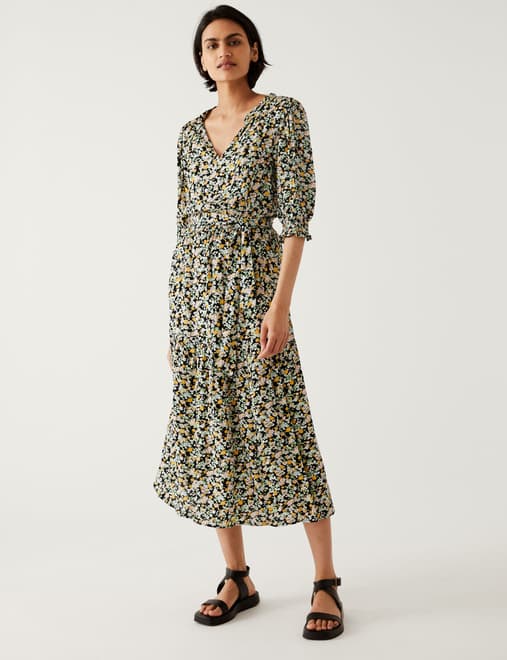 Printed V-Neck Midi Waisted Dress