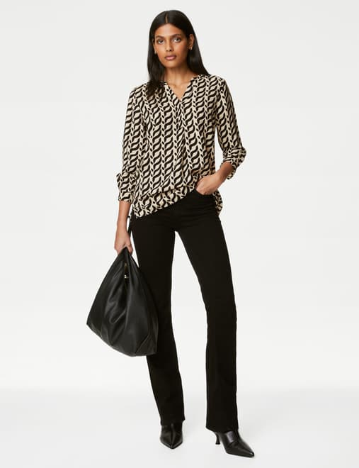 Printed V-Neck Popover Blouse