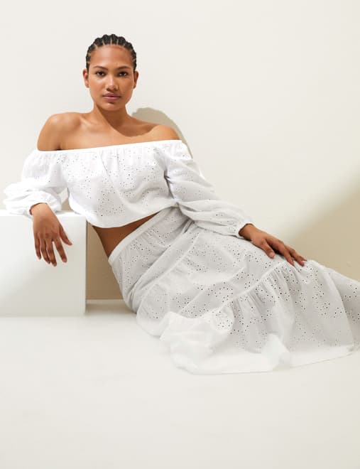 Pure Cotton Broderie Off The Shoulder Top