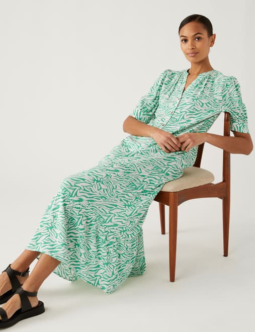 Printed V-Neck Midi Tiered Dress