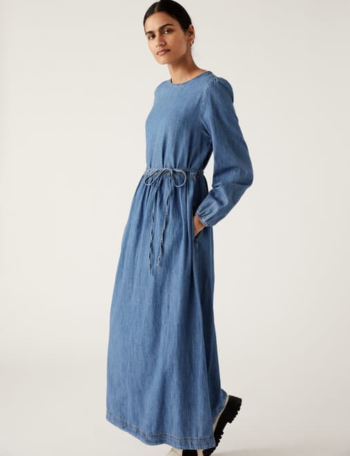Denim Tie Waist Maxi Smock Dress
