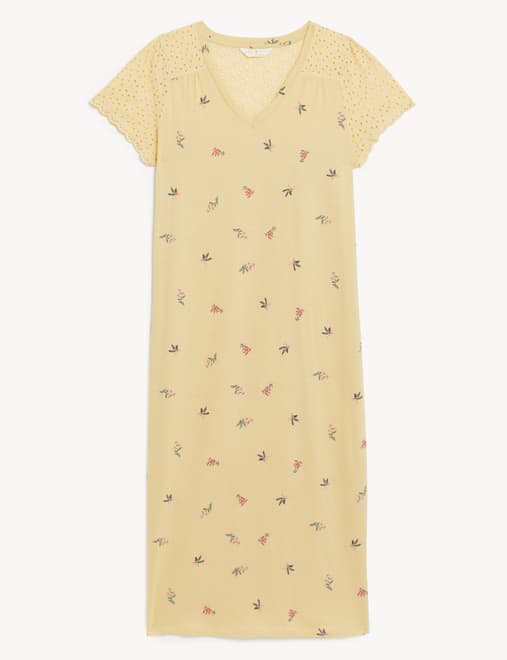 Pure Cotton Floral Broderie Long Nightdress