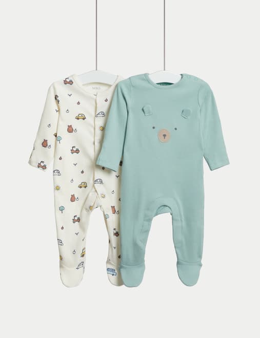 2pk Cotton Rich Bear Sleepsuits (0-3 Yrs)