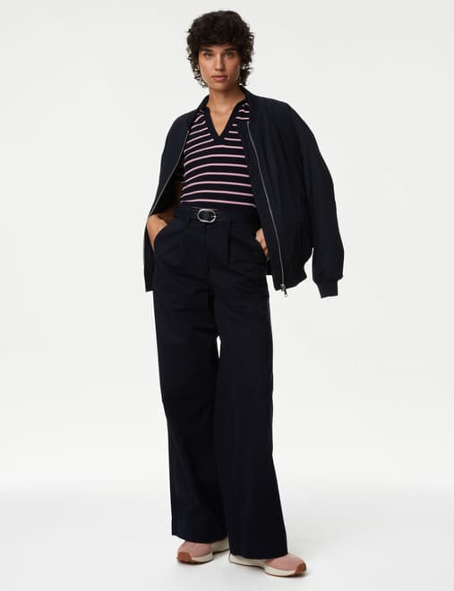 Cotton Rich Striped Collared Knitted Top